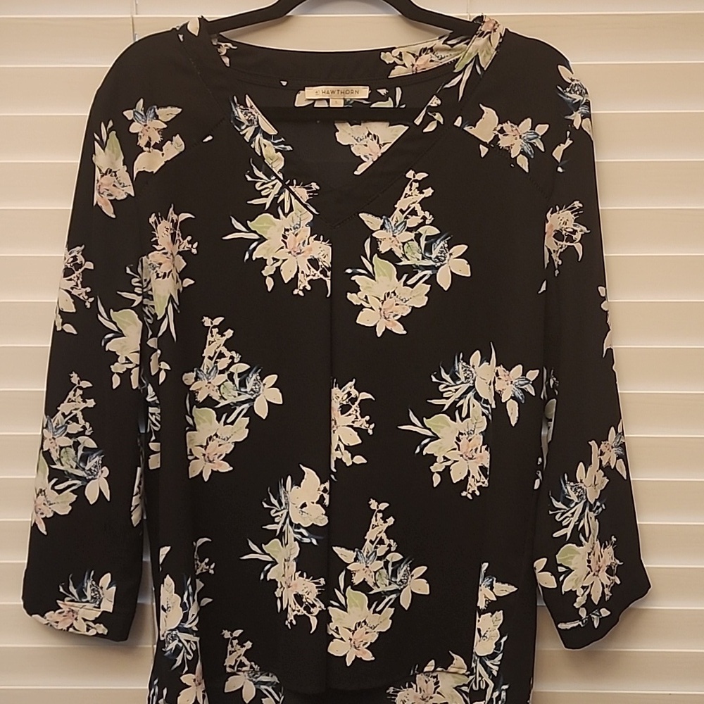 41 Hawthorn - Black, Cream, Green, 3/4 Sleeve Blouse, Size Large